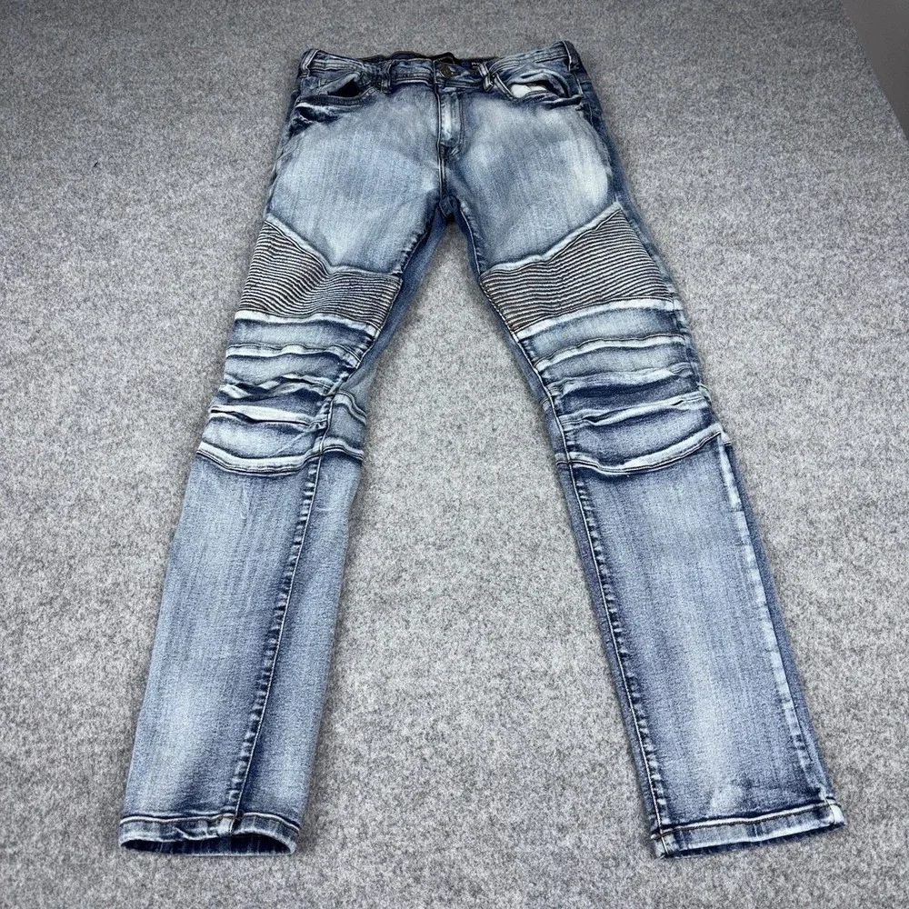 Modern Culture Moto Biker Jeans Mens 34x32 (Fits 32x32) Slim Tapered Ribbed Blue